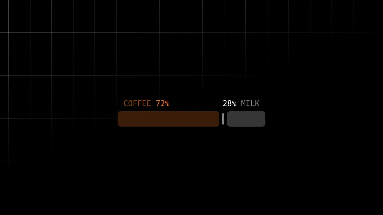 Minimalist range slider with a split track representing coffee and milk, dynamically adjusting fill levels and tooltips as the thumb moves