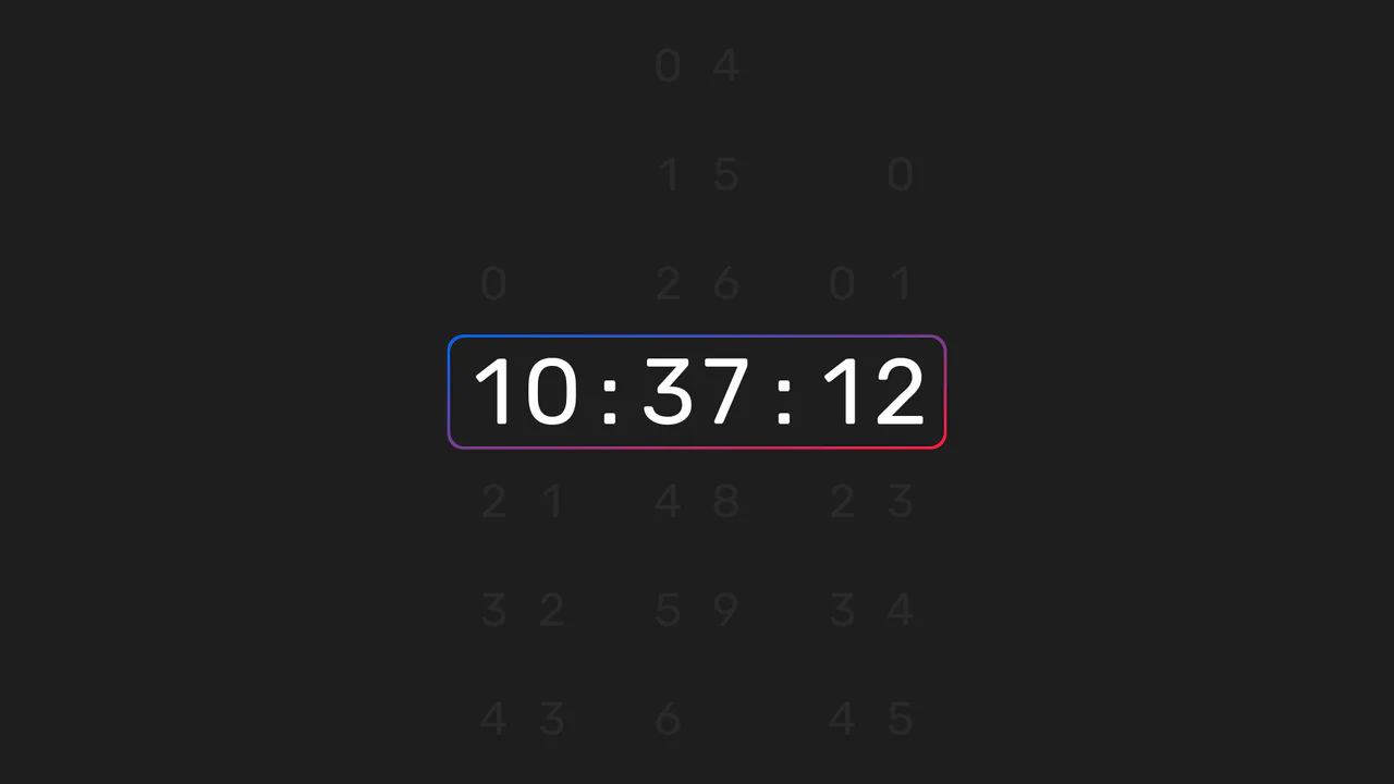 Dark themed digital clock interface with vibrant gradient borders and vertical sliding animation for time digits