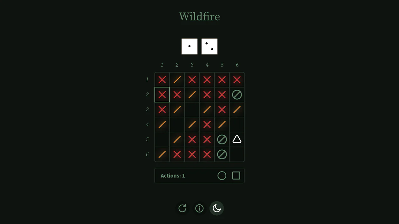 A 6x6 grid board game interface named Wildfire with dice, action counters, and SVG icons for home, fire, and defensive actions.