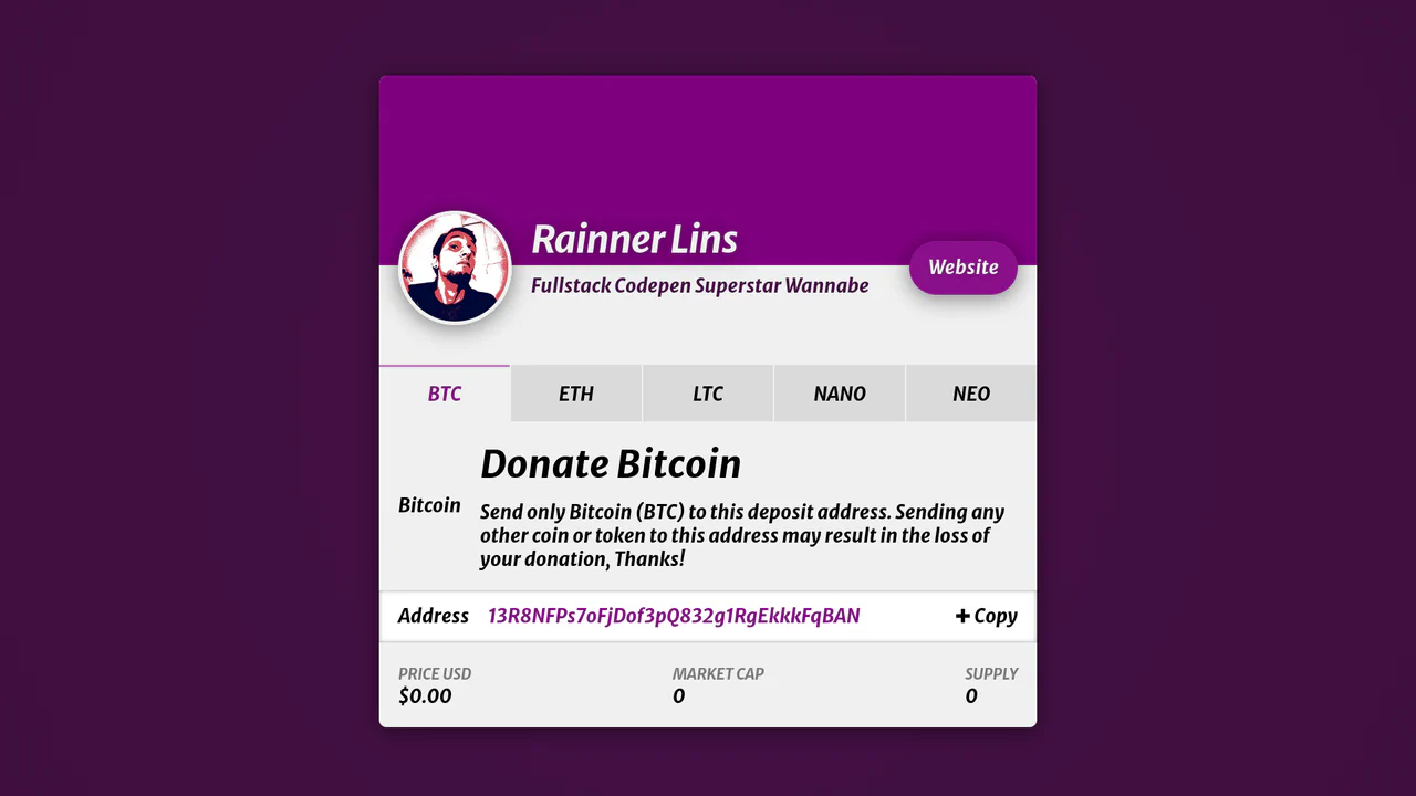 Profile card interface showing a user avatar, multiple cryptocurrency tabs, a generated QR code, and live market statistics
