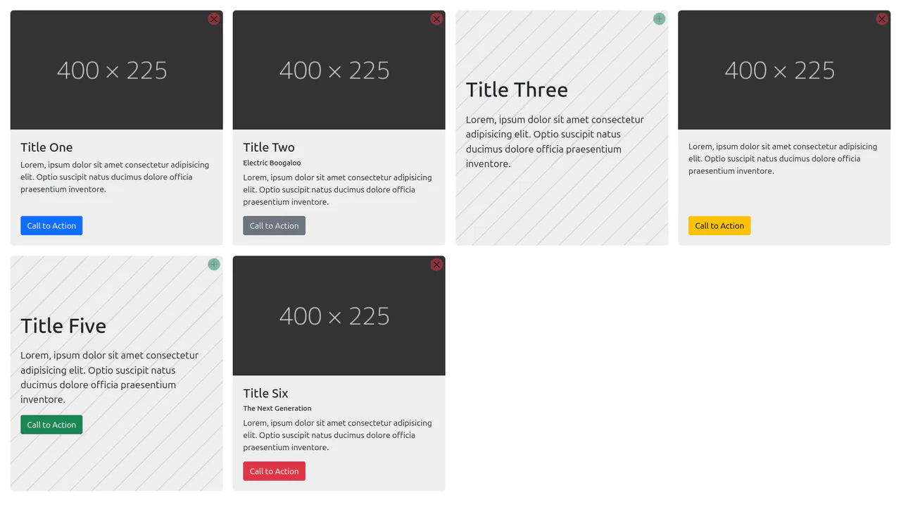 Grid of rectangular cards dynamically shifting layout, typography, and background patterns based on the presence or absence of an image
