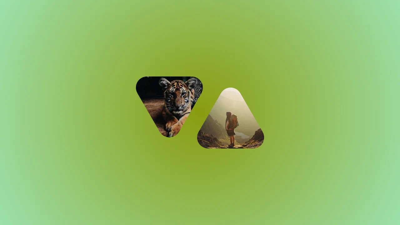 Two overlapped images masked into alternating rounded triangles, demonstrating CSS radius hover animations