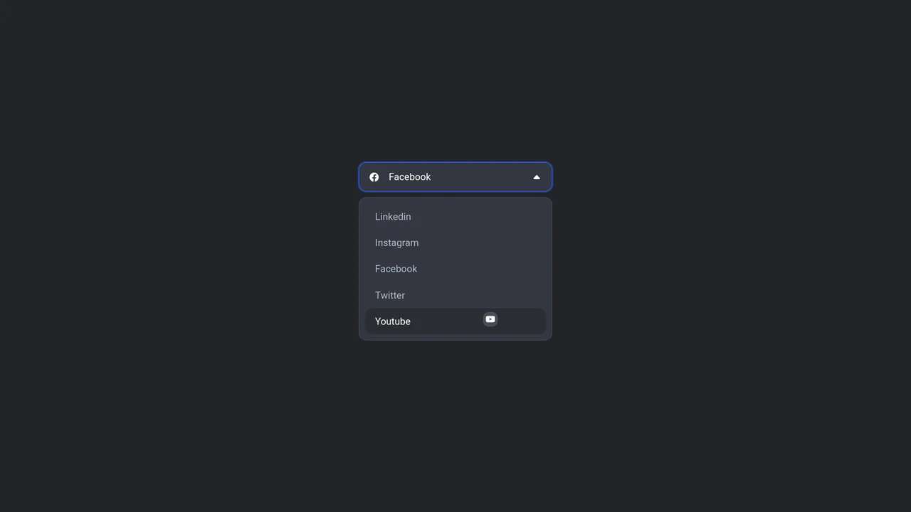 Dark mode select dropdown menu with a cursor-tracking floating icon hover effect