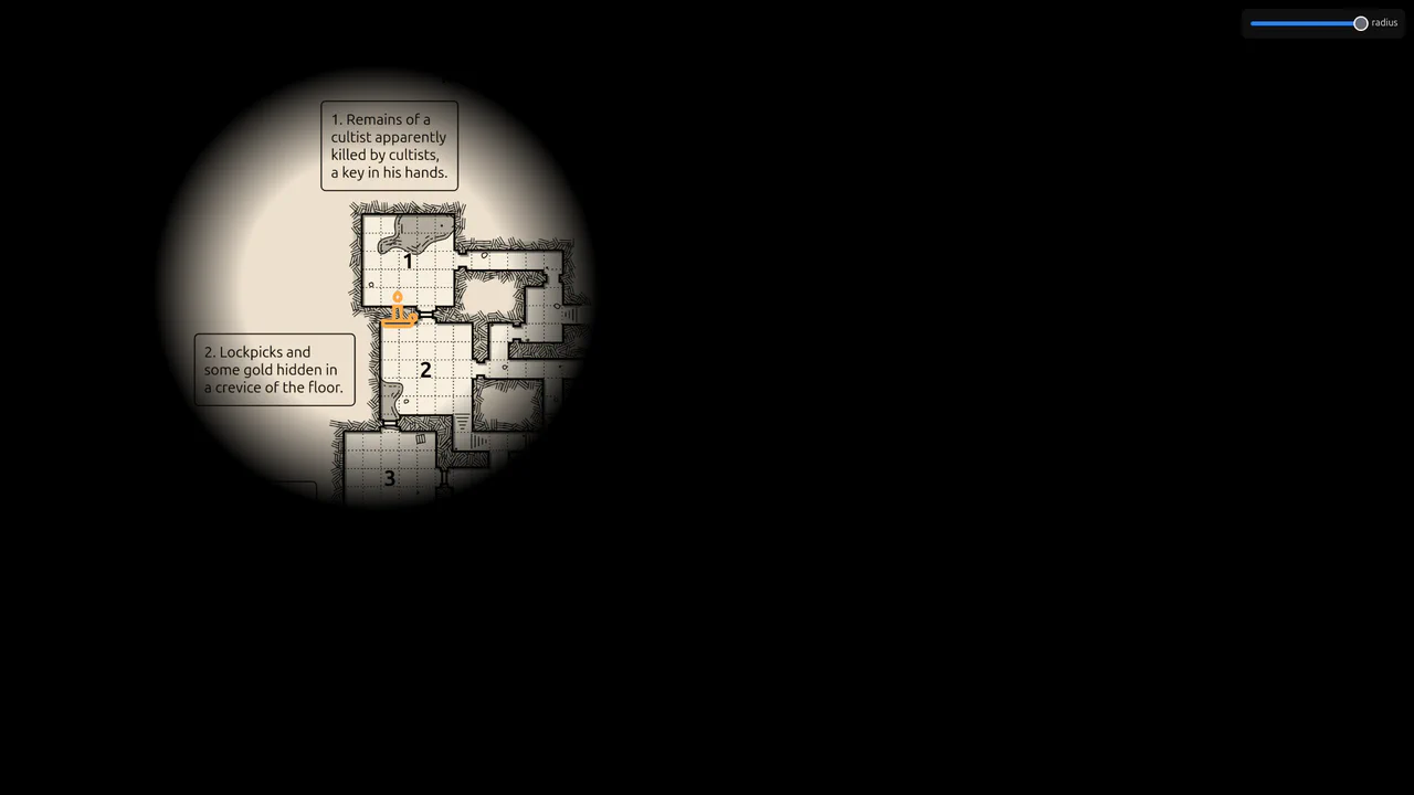 Dark screen with a circular glowing torchlight cutout revealing a dungeon map, demonstrating a cursor tracking mask effect