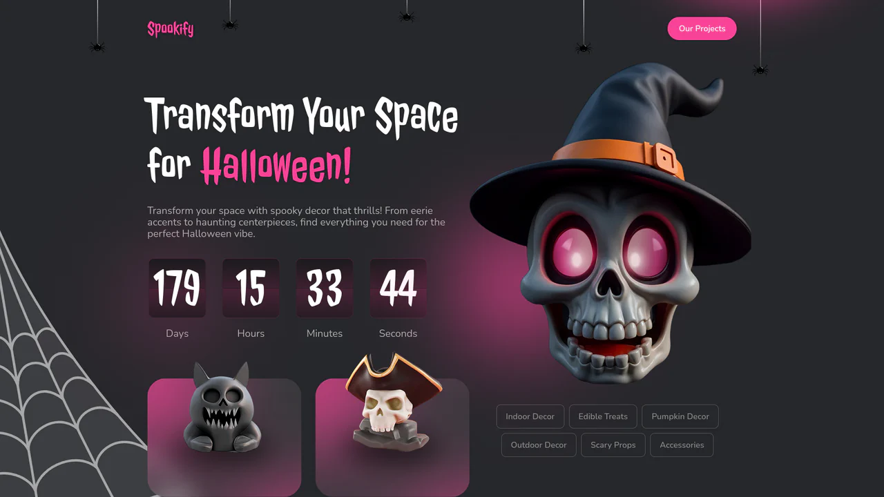 Dark themed Halloween landing page with a countdown timer, neon pink accents, and a skull illustration with glowing eyes
