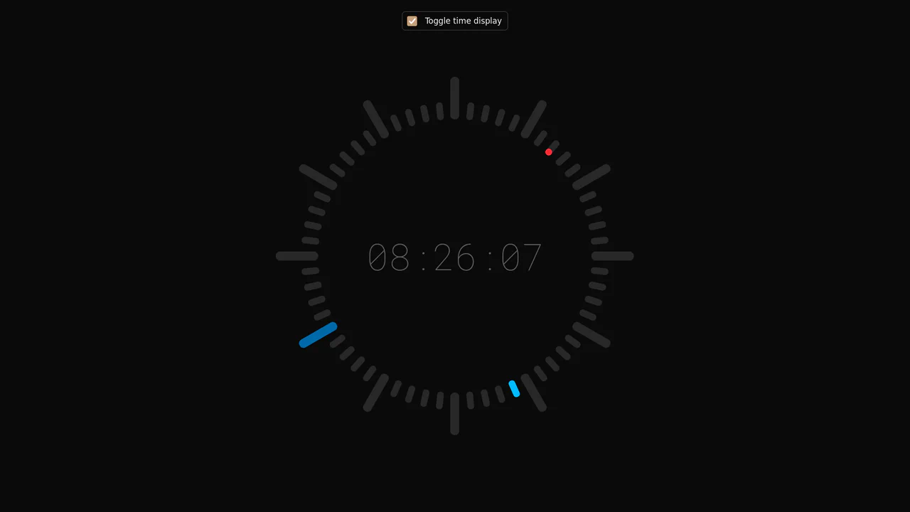 Dark mode clock interface featuring concentric rings of dots representing hours, minutes, and seconds around a digital time readout