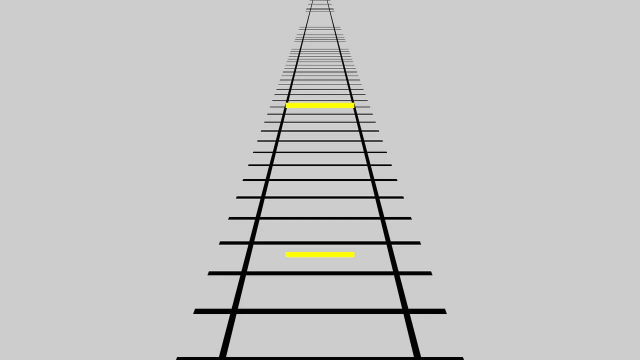 Railway tracks fading into the distance with two identical yellow lines demonstrating the Ponzo optical illusion on hover