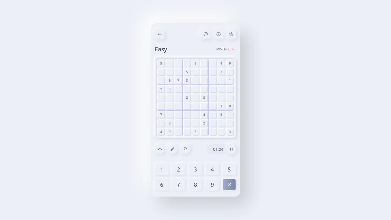 A modern Sudoku puzzle game interface with neumorphic button styling and dynamic row and column highlighting