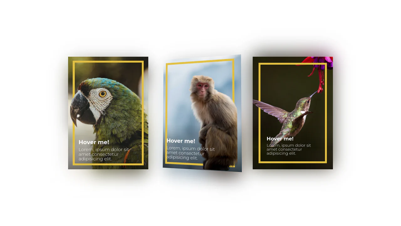 3D layered pop-out cards with mouse-tracking perspective, featuring a cutout foreground, background scene, and dynamic shadows.