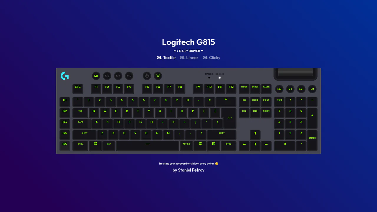 Interactive model of a Logitech G815 mechanical keyboard with custom color profiles, functional indicators, and switch audio feedback.