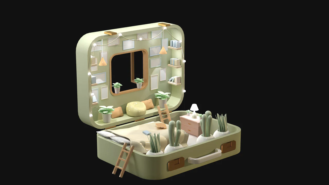 An interactive isometric 3D bedroom rendered with Three.js, utilizing baked textures, normal maps, and orbit controls.