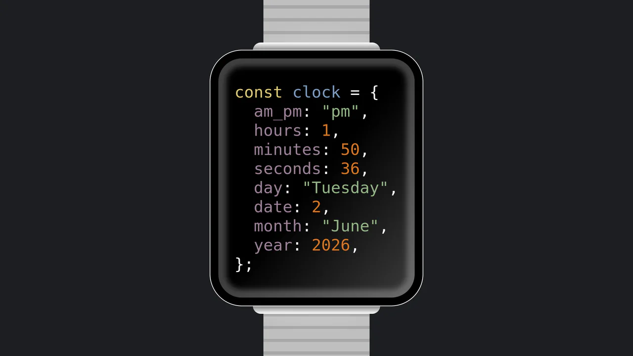 A smartwatch UI concept where the time and date are displayed as a live-updating, syntax-highlighted JavaScript object.