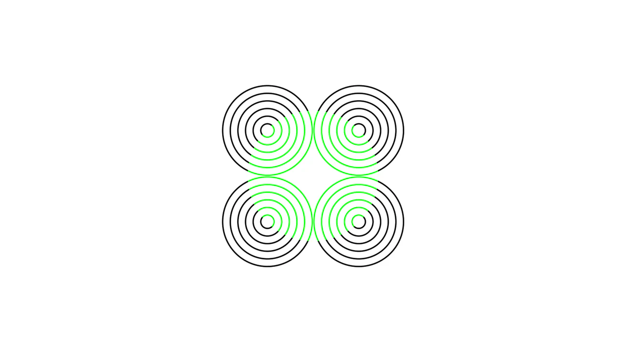 Neon color spreading optical illusion designed in pure CSS, blending repeating concentric radial patterns to perceive a central glowing lime ring.