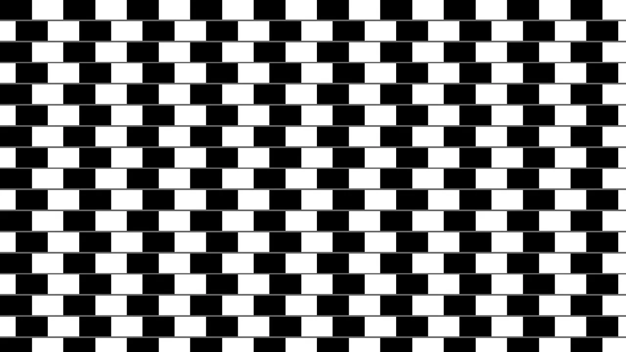 Interactive Café Wall optical illusion built entirely with pure CSS conic gradients, shifting row positions on hover to reveal parallel lines.