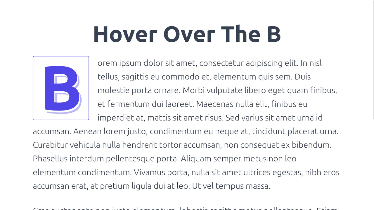 Interactive drop cap let box displaying a large letter 'B' that tilts in 3D perspective while casting dynamic projected drop shadows on hover.