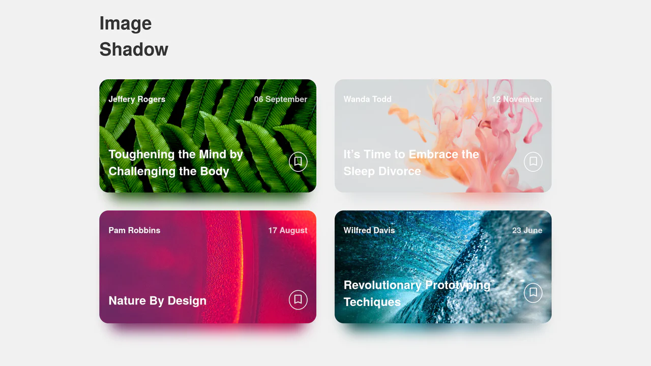 Grid of responsive article cards featuring a dynamic drop shadow effect generated by duplicating and blurring the card's background image.
