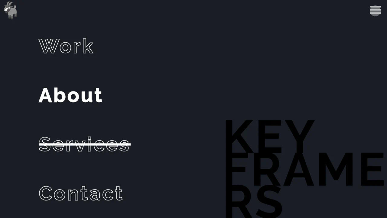 Full-screen navigation menu featuring a split-panel background slide, staggered typography reveals, and CSS text-stroke hover effects.