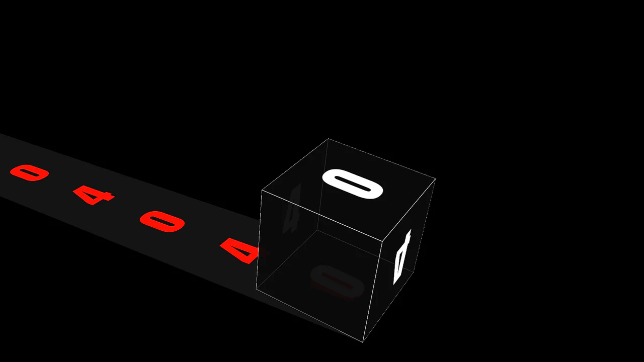 Surreal 3D isometric 404 page animation showing a cube rolling continuously along a track of sliding numbers.