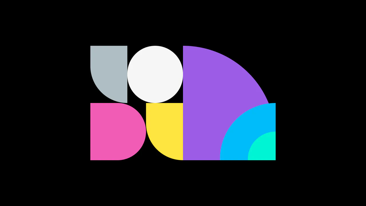 Abstract geometric grid composed of colorful CSS shapes that dynamically morph their positions, sizes, and border-radii using data-attribute transitions.