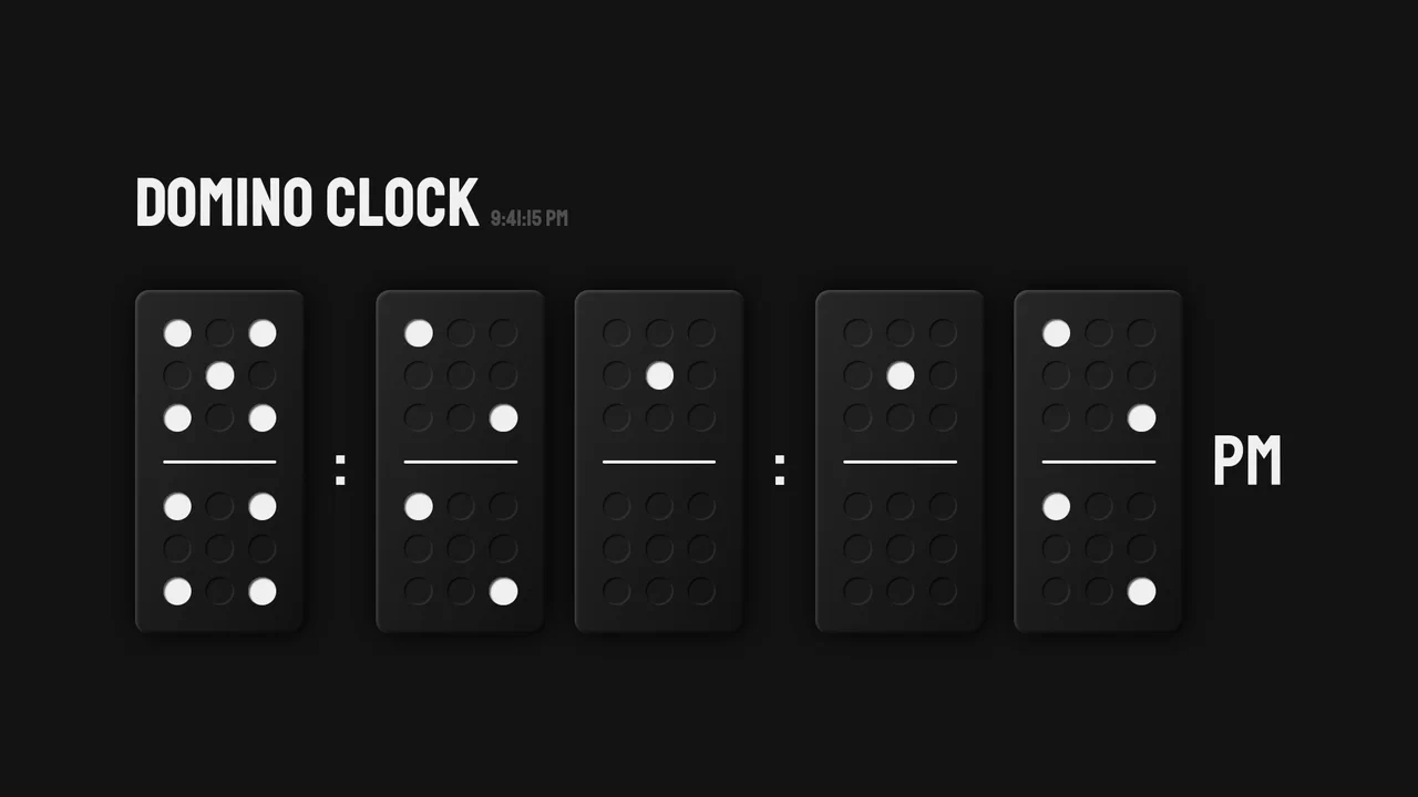 Interactive digital clock composed of dark textured domino bones, displaying the time by sliding white dots on and off.