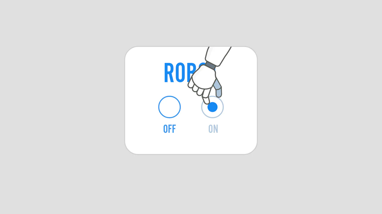 Interactive SVG toggle button that spawns a robotic hand to switch states, throwing a rock-on sign before sliding out.