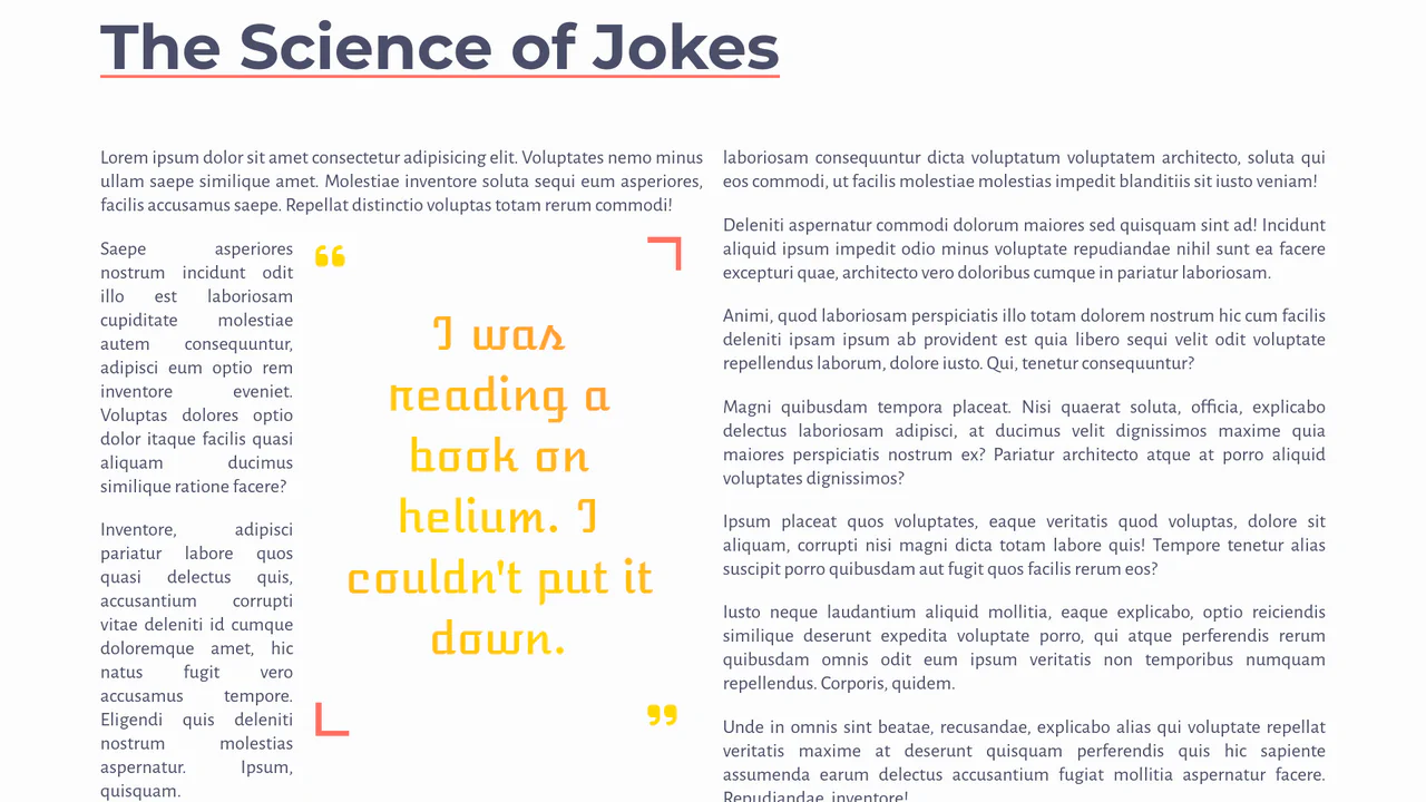 Newspaper-style multi-column layout with dynamically generated CSS gradient pull quotes that fade in upon scroll.