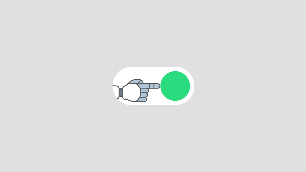 Robotic hand emerging from a vector switch to reset a toggle and giving a thumbs up animated with GSAP.