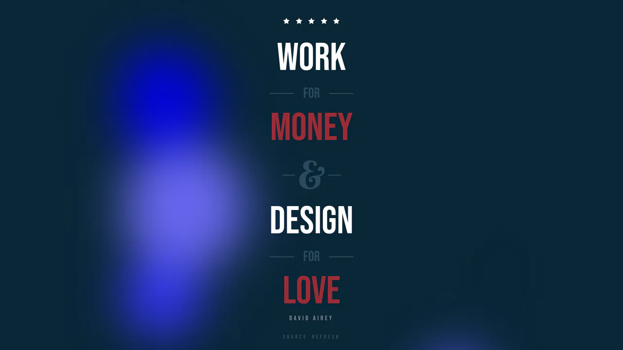 Typography poster utilizing CSS mix-blend-mode lighten overlaid on a blurred HTML Canvas bokeh particle background.