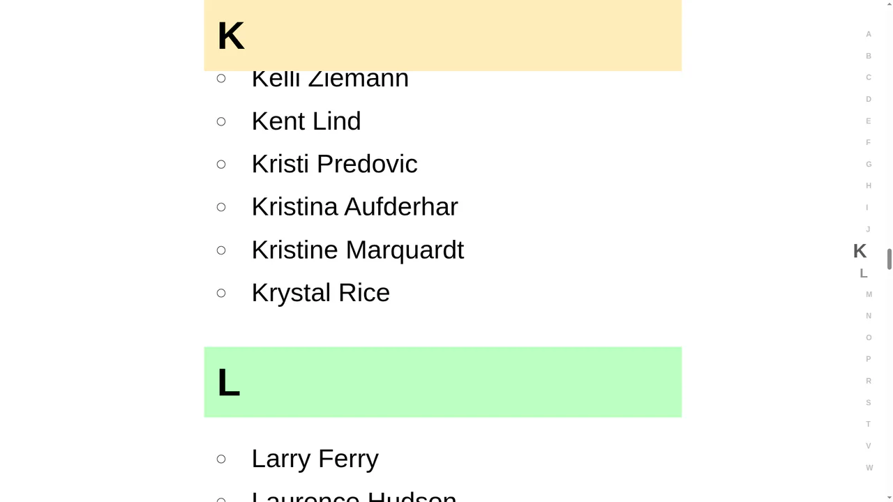 Alphabetical contact list sidebar indicator with active letters dynamically scaling using CSS scroll-driven animations and view-timeline.