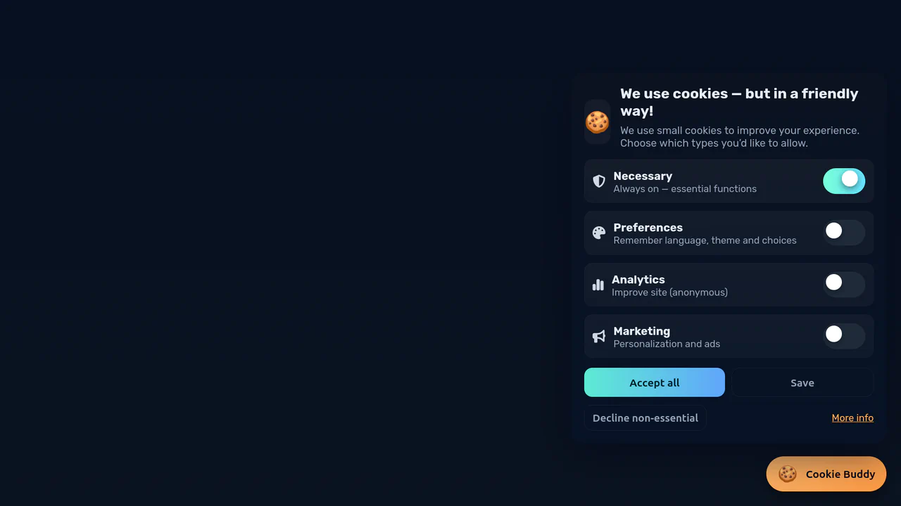 Playful custom dark cookie consent panel with GSAP-powered bounce toggles, falling confetti, and custom preference states.