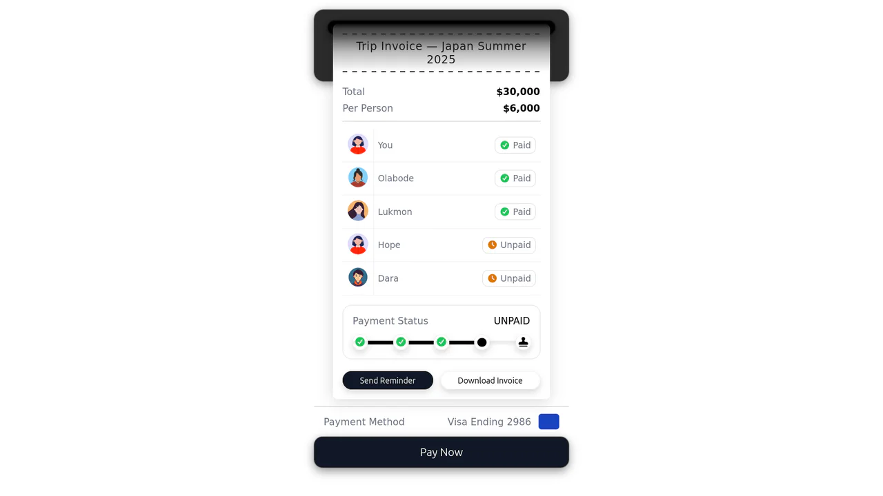 Hyper-realistic ticket UI replicating a printed invoice slipping out of a terminal slot with payment progress checkpoints.
