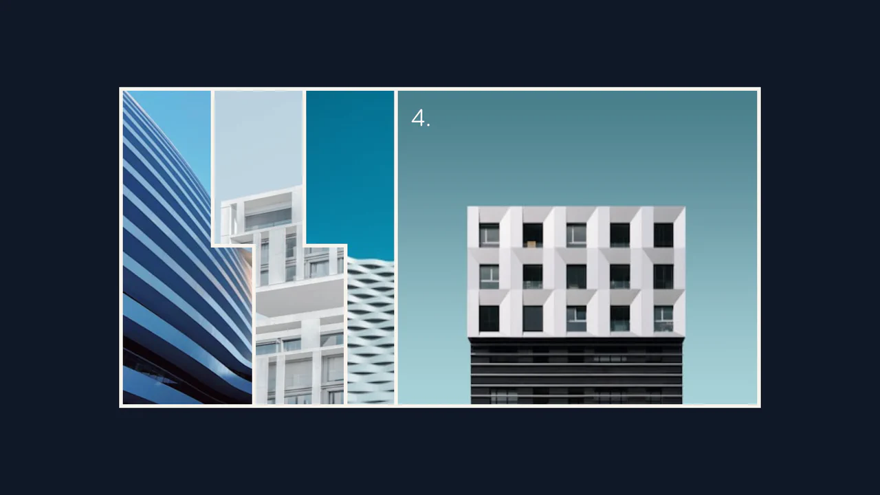 Interactive CSS grid accordion gallery featuring notched card corners and hover column expansion.