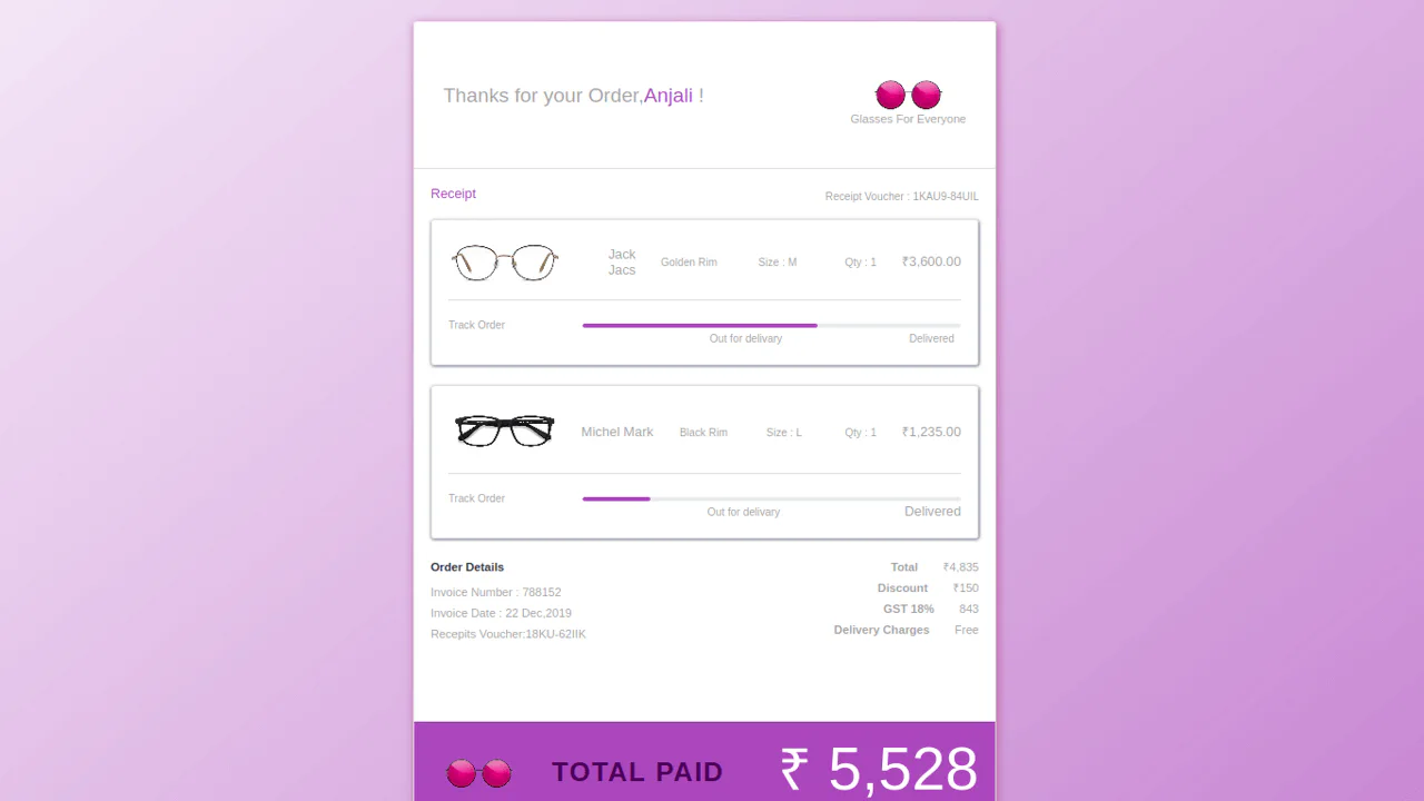 Bootstrap 4 Ecommerce Product Order Details with Tracking