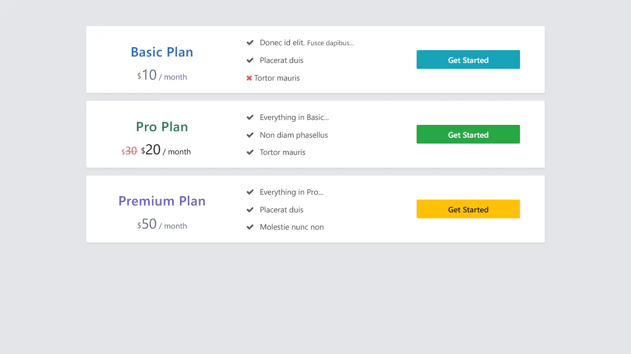 Bootstrap Pricing Plan List